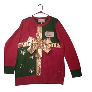 Derek Heart Christmas Sweater Red/Green Styled like a Package large Gold Bow LG